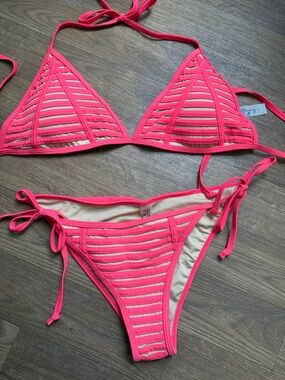New Large Sexy Scrunch butt Neon Pink Strappy Triangle Bikini - Women Swim